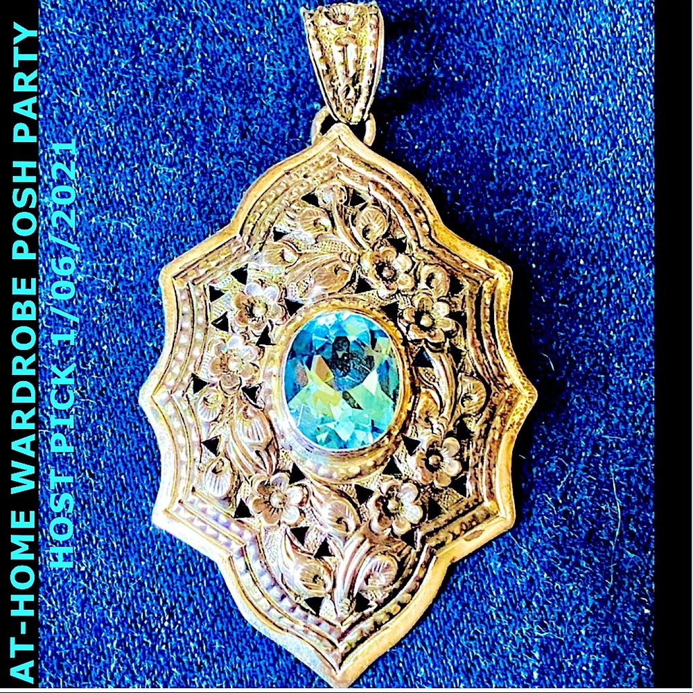 HP💕Vtg Large Art Deco Blue Topaz Sterling Pendant